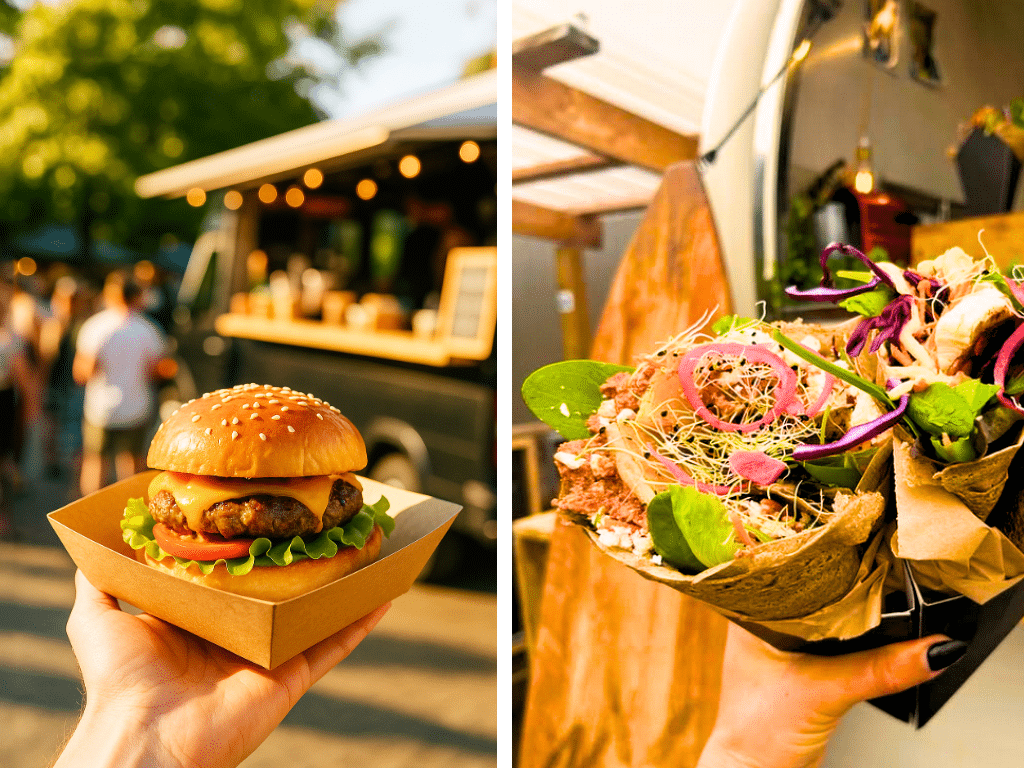 Deux food trucks au proposition de recettes différentes : burger et galettes revisités pour encore plus de saveurs et de gourmandise
